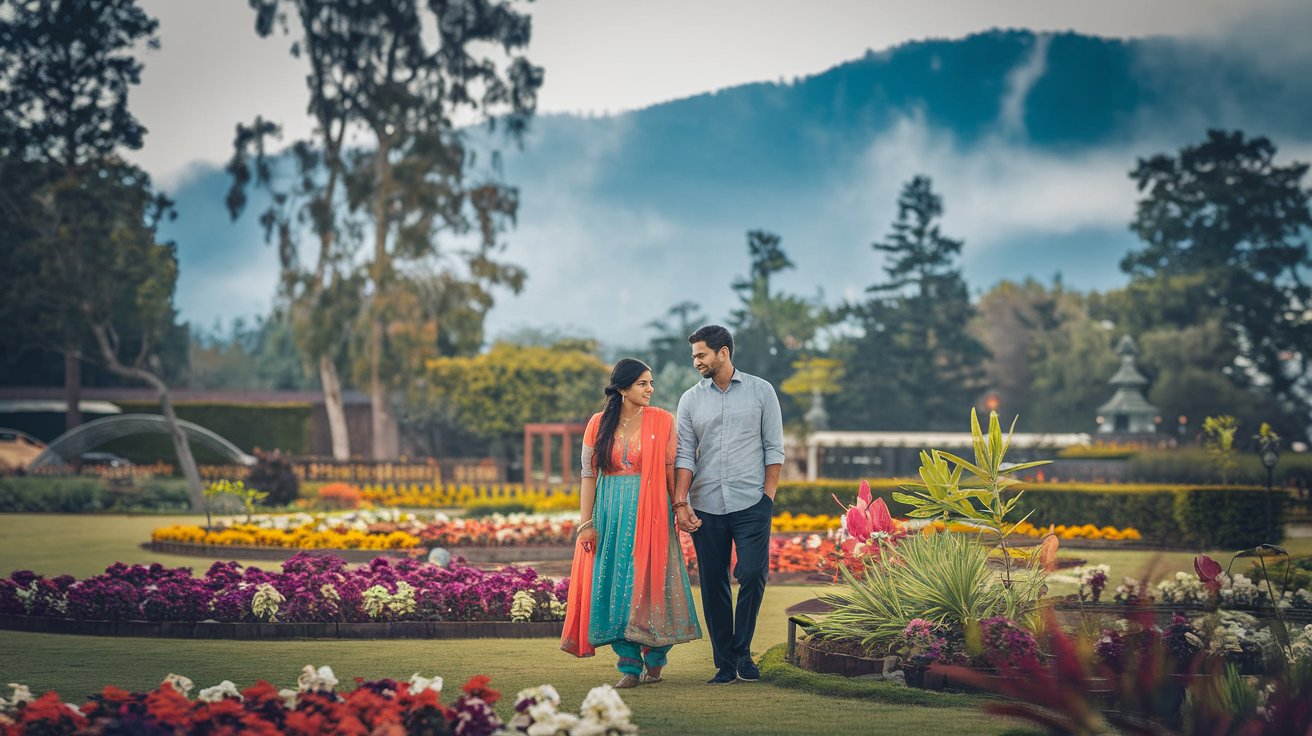 a-photo-of-an-indian-honeymoon-couple-walking-in-kodaikanal-park